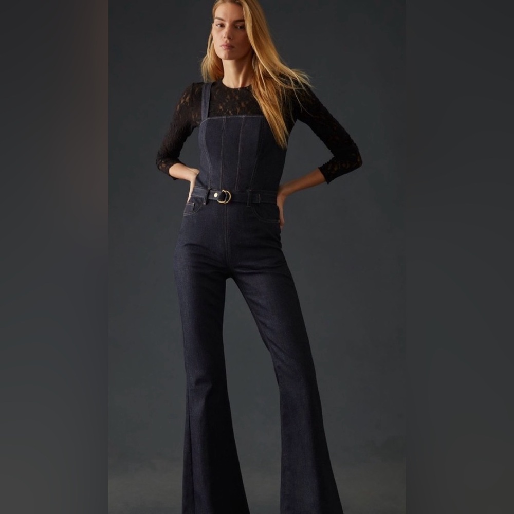 DL1961 Dark Indigo Blue Denim Flared Overalls